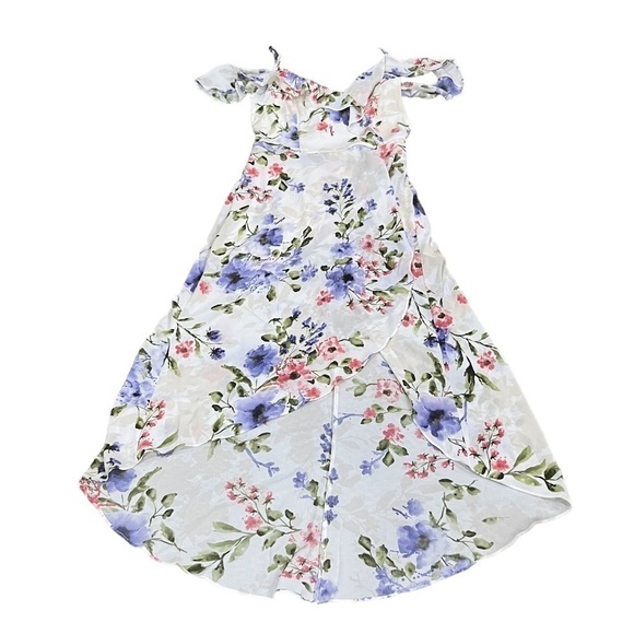iZ Byer White High Purple Low Peep Shoulder Floral Swing Dress Size 7 Women’s - Picture 1 of 7